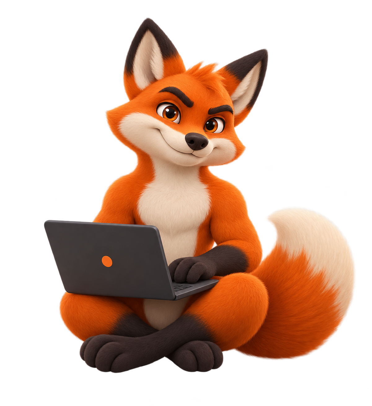 Mascote raposa da Inovvus trabalhando no computador